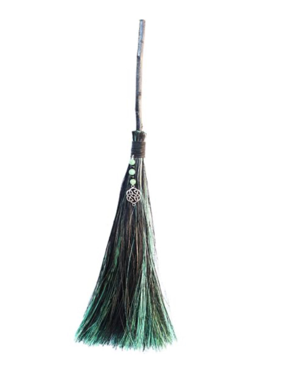 Wicca Broom - Green Aventurine/Celtic Knot 18” - Lighten Up Shop