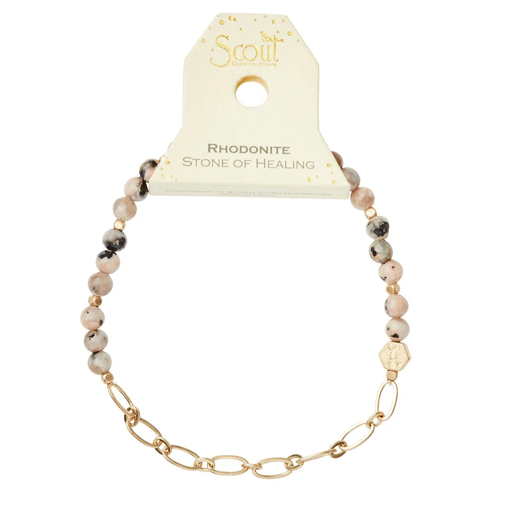 Mini Stone w/Chain Stacking Bracelet - Rhodonite - Lighten Up Shop