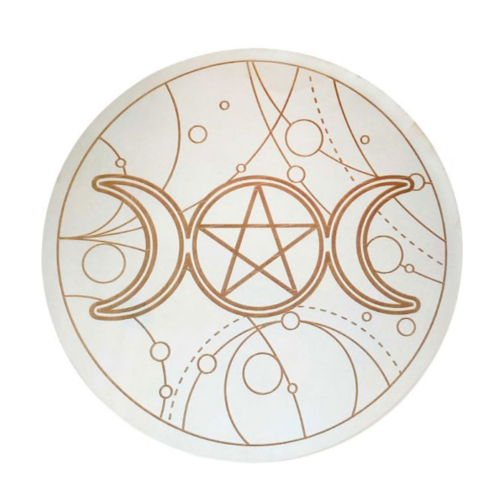 Wood Crystal Grid Triple Moon w/ Pentacle - Lighten Up Shop