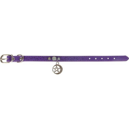 Vegan Leather Cat/Dog Collar - Crescent Moon w/ Pentacle - Small - Lighten Up Shop